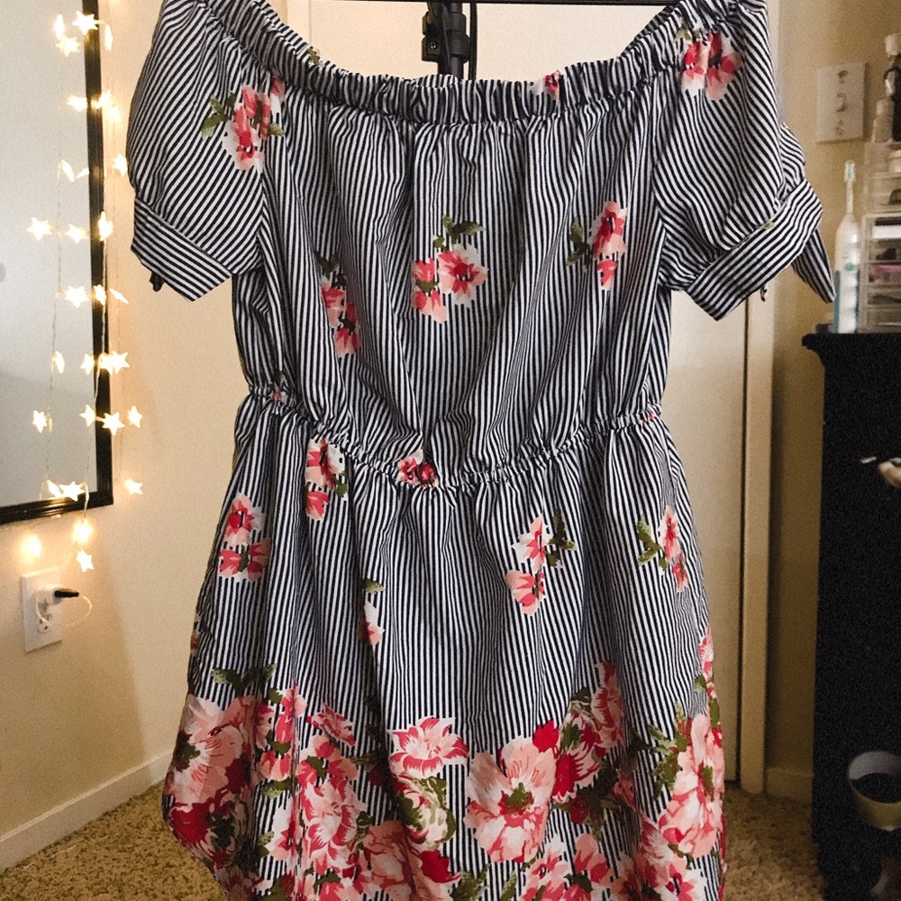 Stripe Floral Blue White Off Shoulder Dress